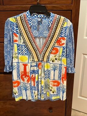 Anthropologie Bl_nk London Stephanie Blue Tile Lobster Print V Neck Top